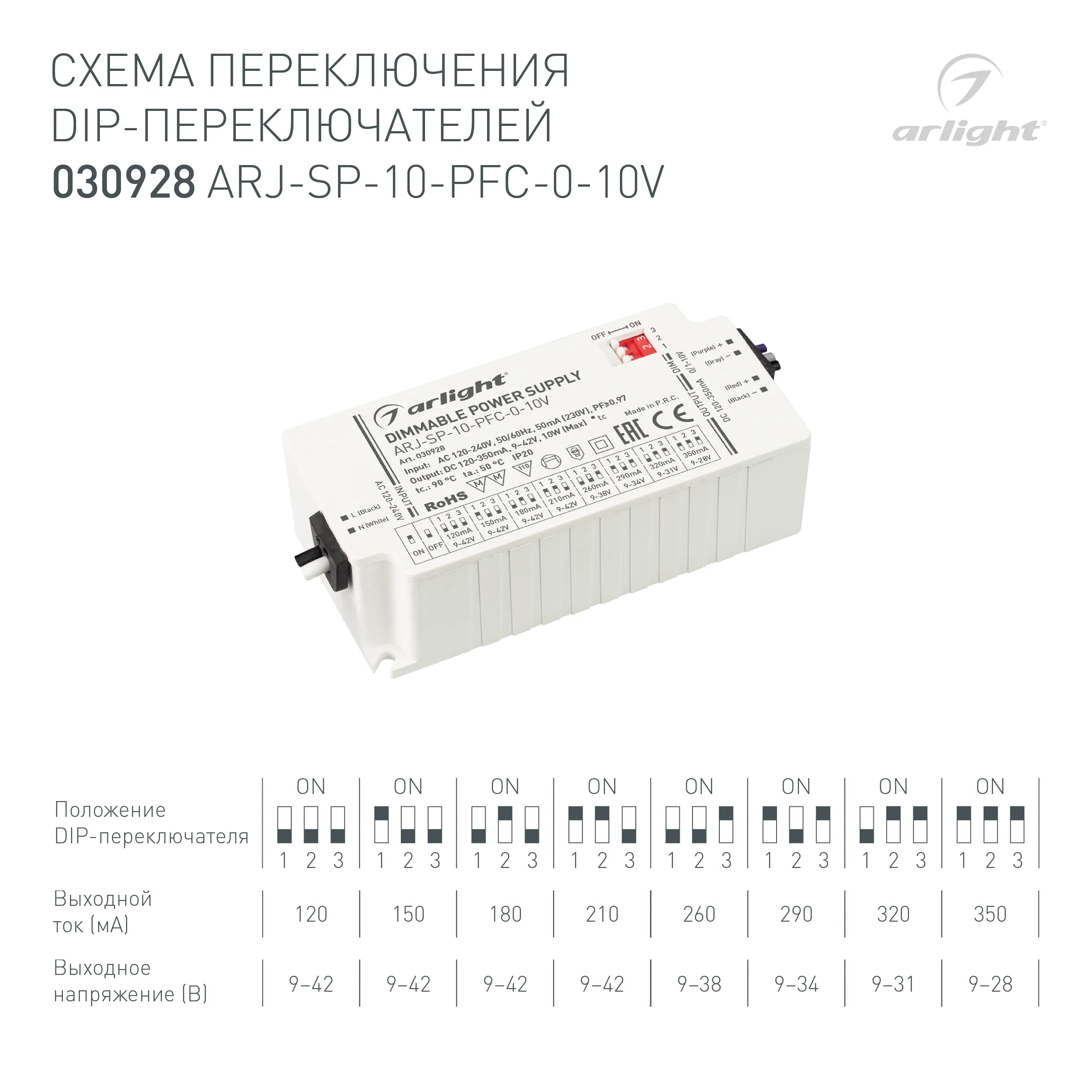 Блок питания ARJ-SP-10-PFC-0-10V (10W, 120-350mA) (Arlight, IP20 Пластик, 5 лет)