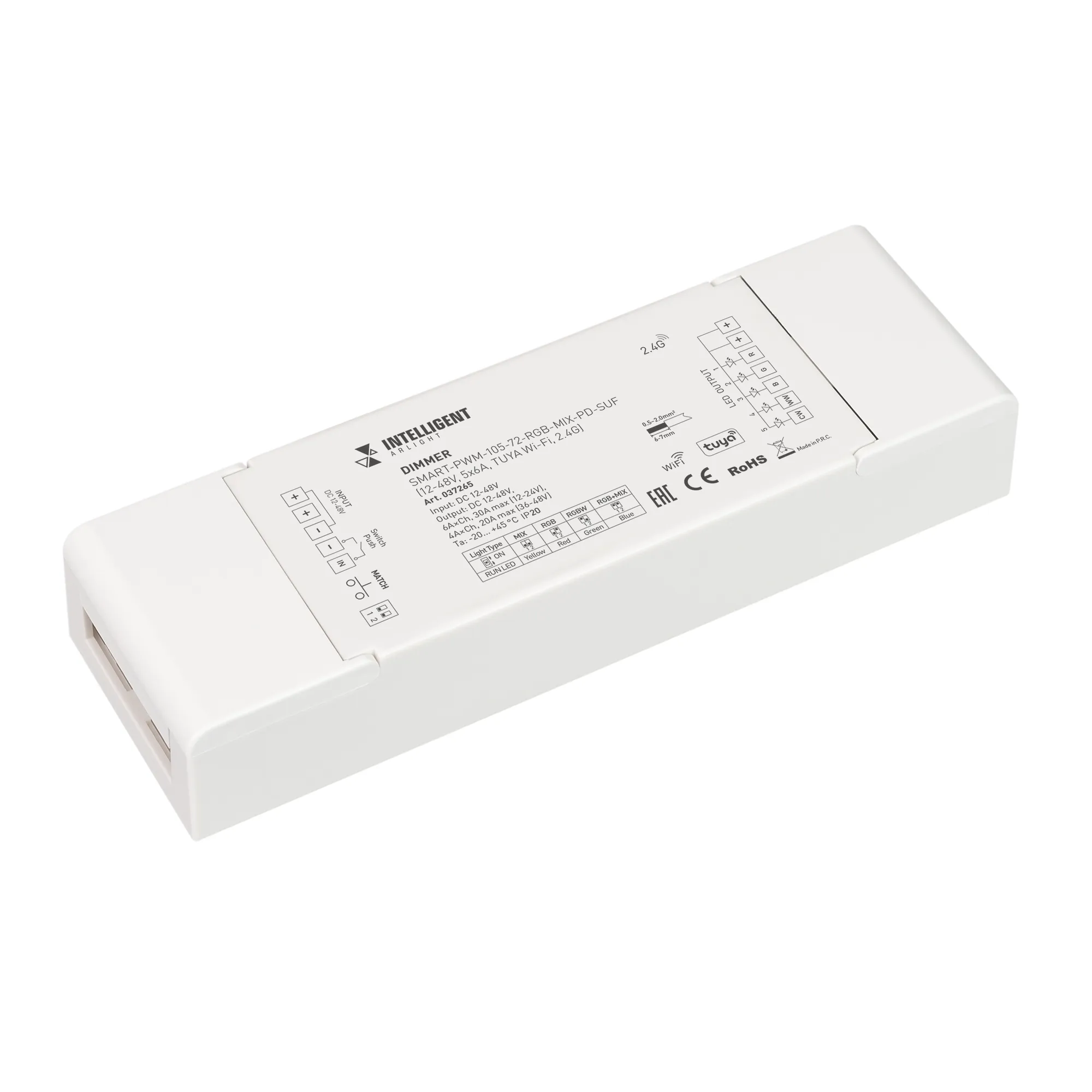 INTELLIGENT ARLIGHT Диммер SMART-PWM-105-72-RGB-MIX-PD-SUF (12-48V, 5x6A, TUYA Wi-Fi, 2.4G) (IARL, IP20 Пластик, 5 лет) - изображение товара
