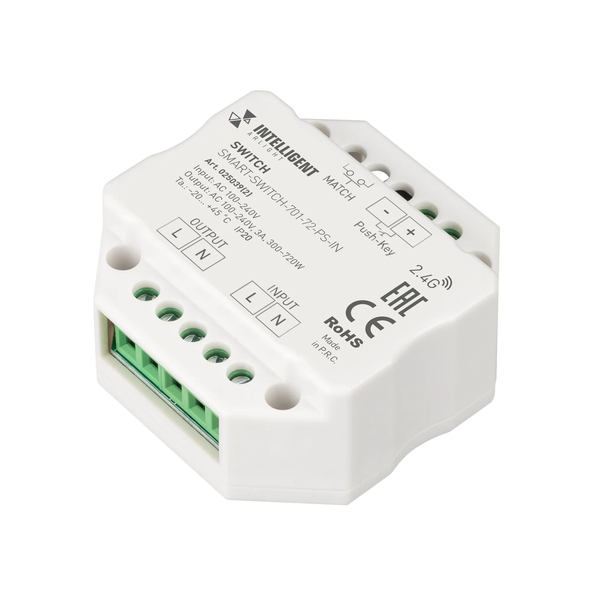 INTELLIGENT ARLIGHT Релейный модуль SMART-SWITCH-701-72-PS-IN  (230V, 1x3A, 2.4G) (IARL, IP20 Пластик, 5 лет)